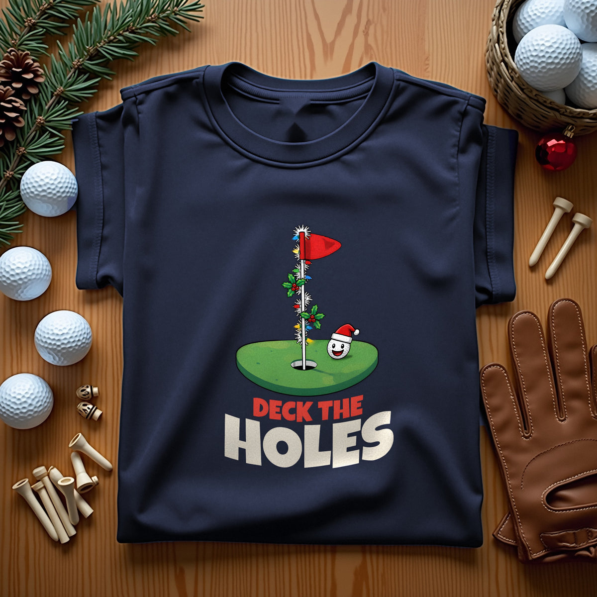 Deck the Holes Christmas t-shirt folded on a table