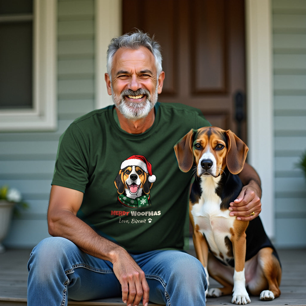 Merry Woofmas Beagle Christmas t-shirt worn by a customer