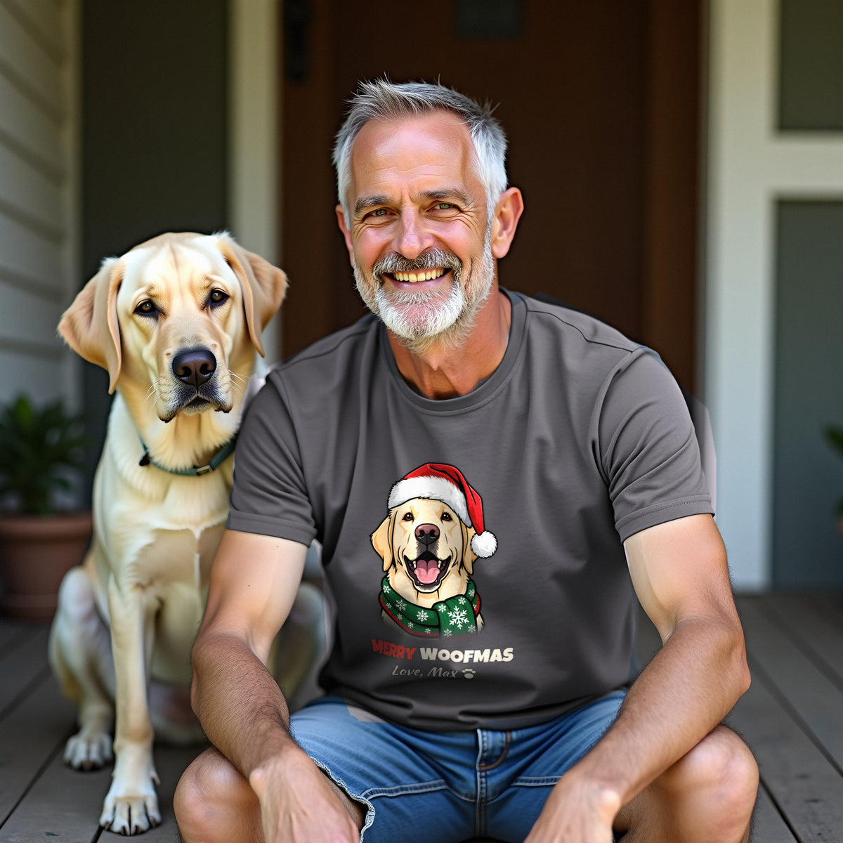 Merry Woofmas Yellow Labrador Christmas t-shirt worn by a customer