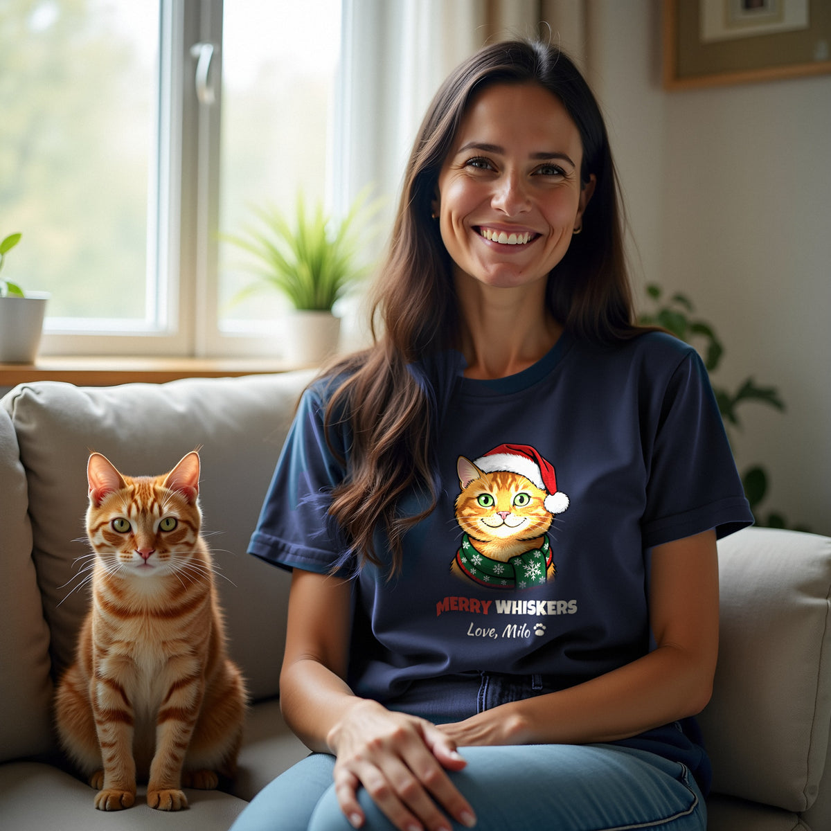 Merry Whiskers Ginger Tabby Cat Christmas t-shirt worn by a customer