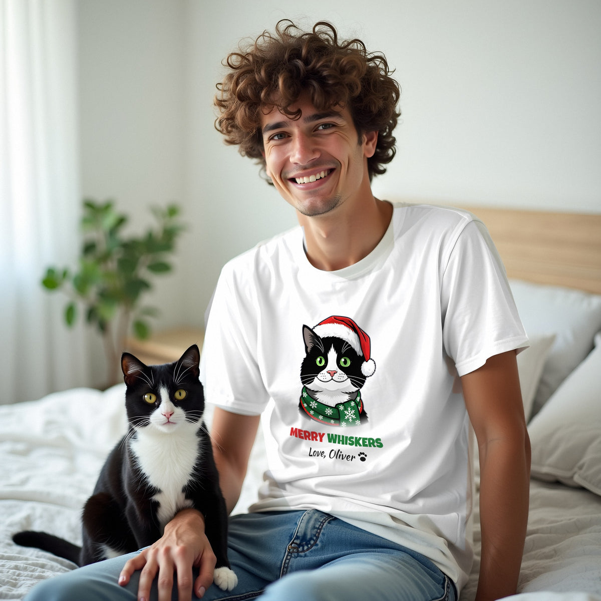 Merry Whiskers Tuxedo Cat Christmas t-shirt worn by a customer