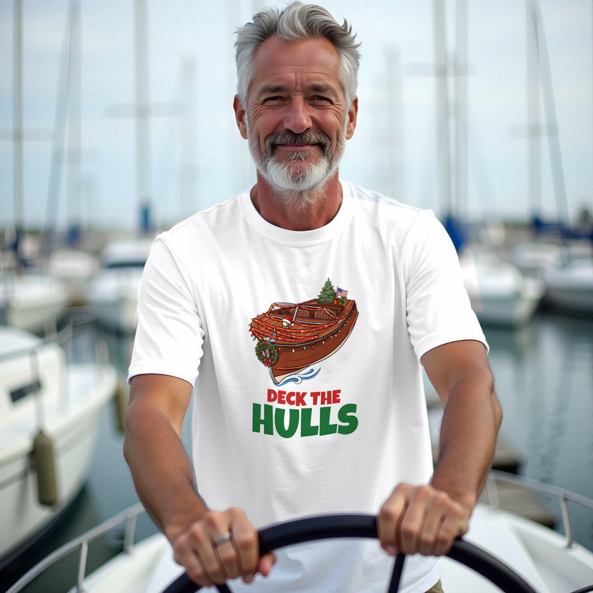 Deck the Hulls Christmas t-shirt worn by a customer