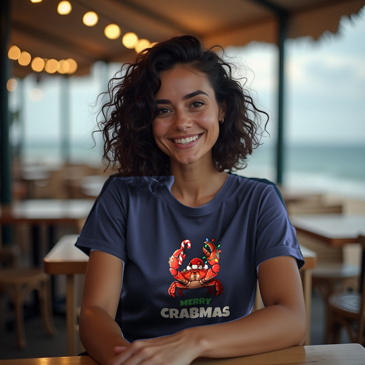 Merry Crabmas Christmas t-shirt worn by a customer